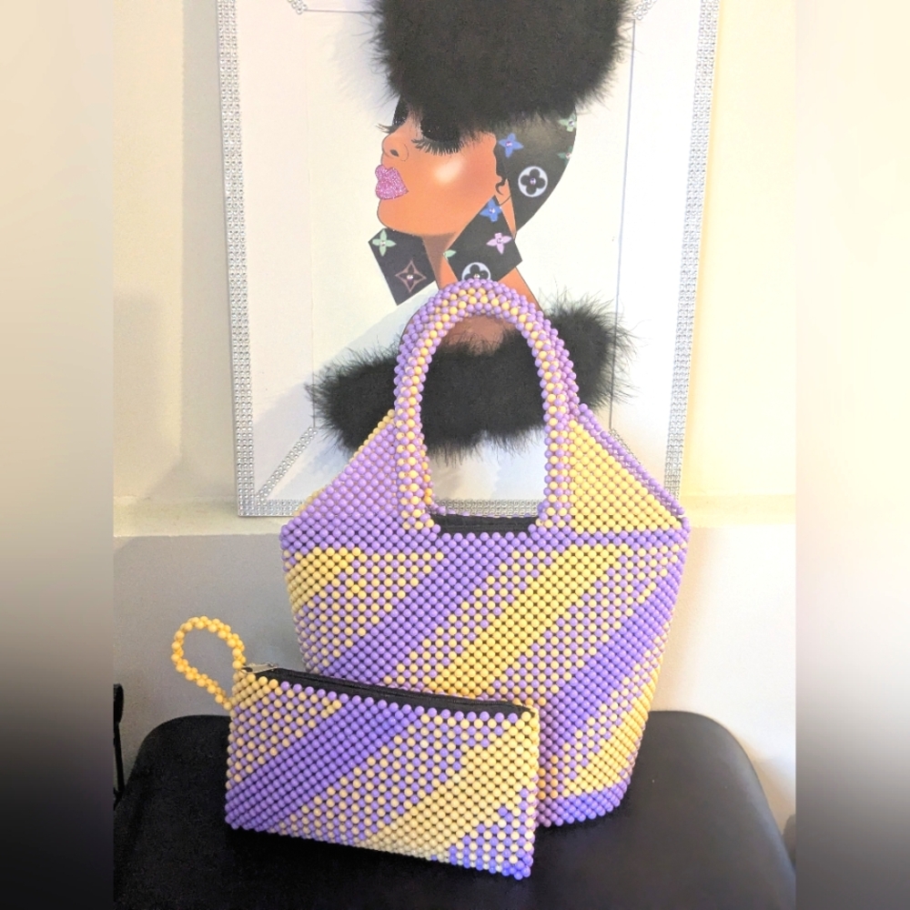 Dbl Handle Beaded Bucket Tote Bag w/Matching Wristlet Clutch FREE PURSE PILLOW
